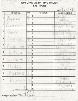Cal Ripken, Jr. Consecutive Game (All-Time Record) #2632 Baltimore Orioles Carbon Copy Lineup Card (Ripken LOA)